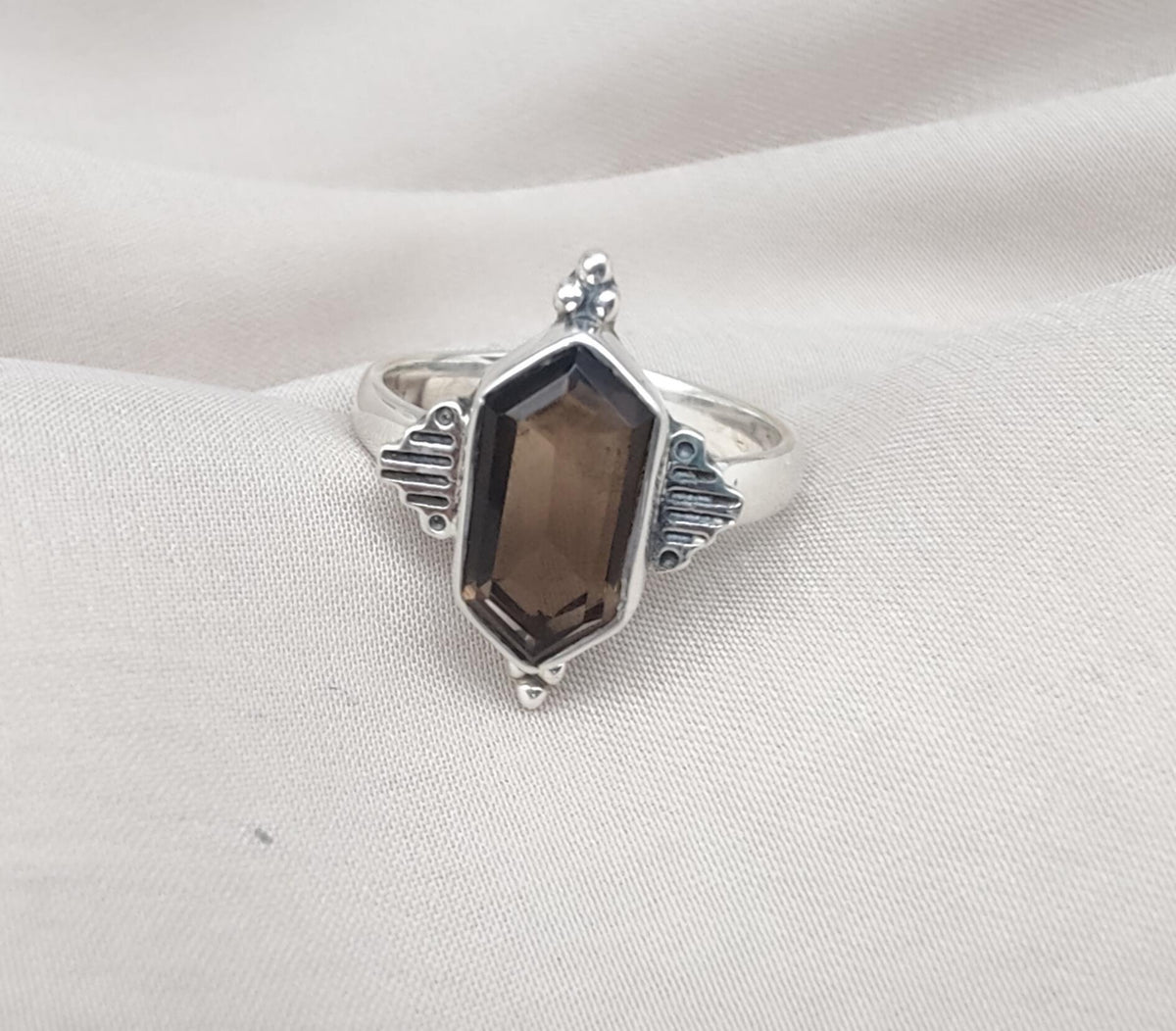 Smoky Quartz Sterling Silver Ring: Hexagon Gemstone, Boho Jewelry