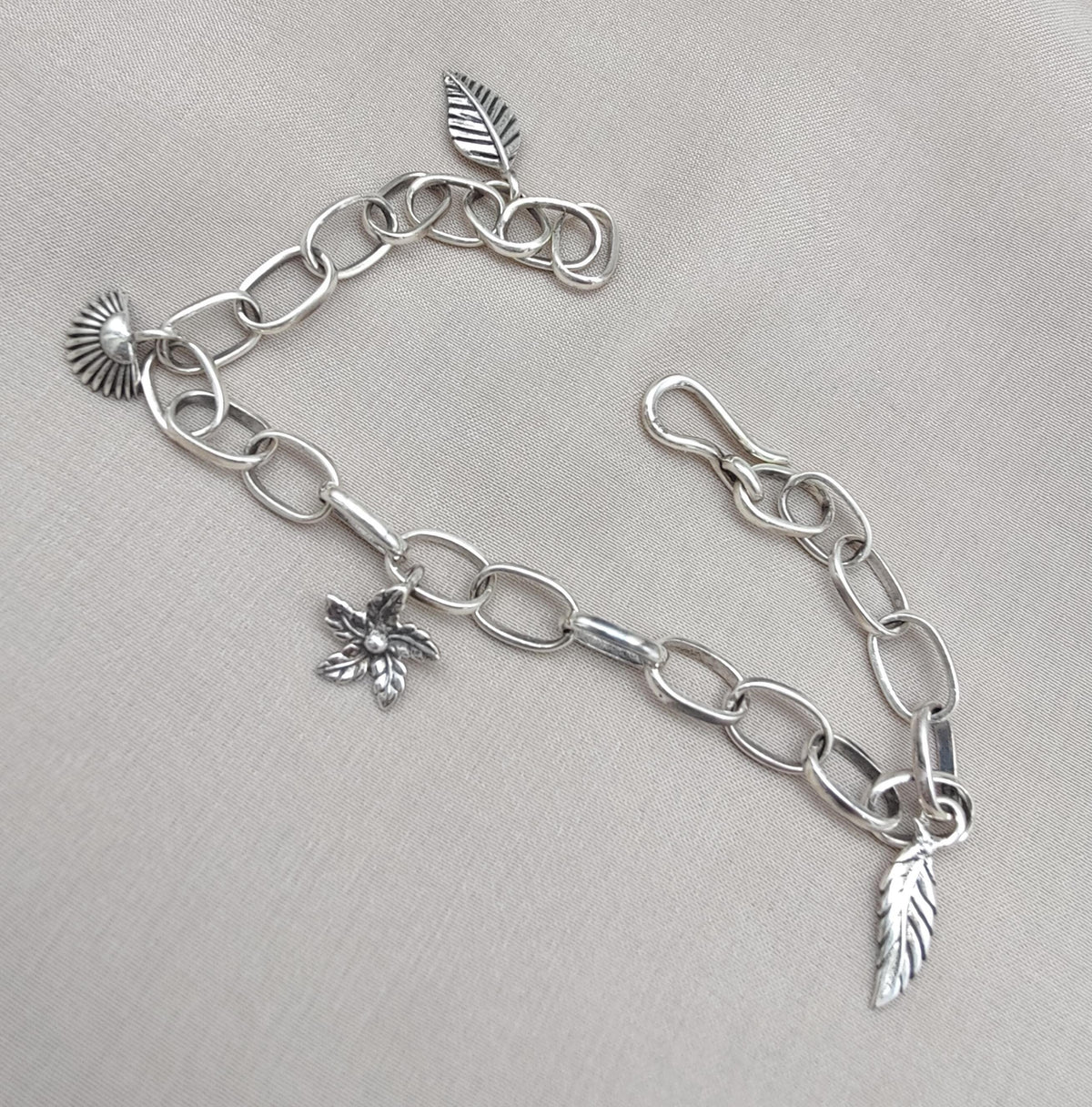 Sterling Silver Charm Bracelet: Leaf, Shell & Flower Charms - Handmade