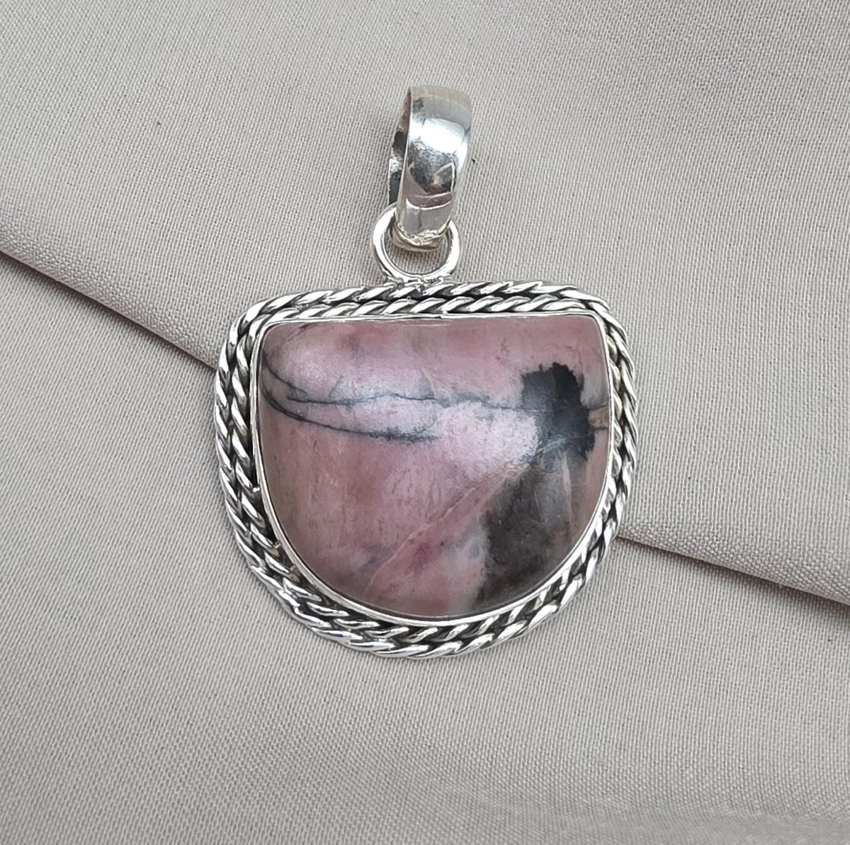 Rhodonite Pendant 925 Sterling Silver Pink and Black Healing Stone Necklace Crystal Jewelry