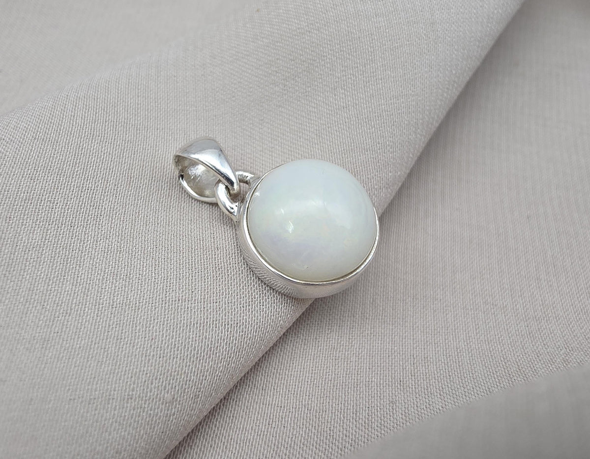Natural White Opal Round Pendant 925 Sterling Silver Handmade Cabochon Gemstone Jewelry