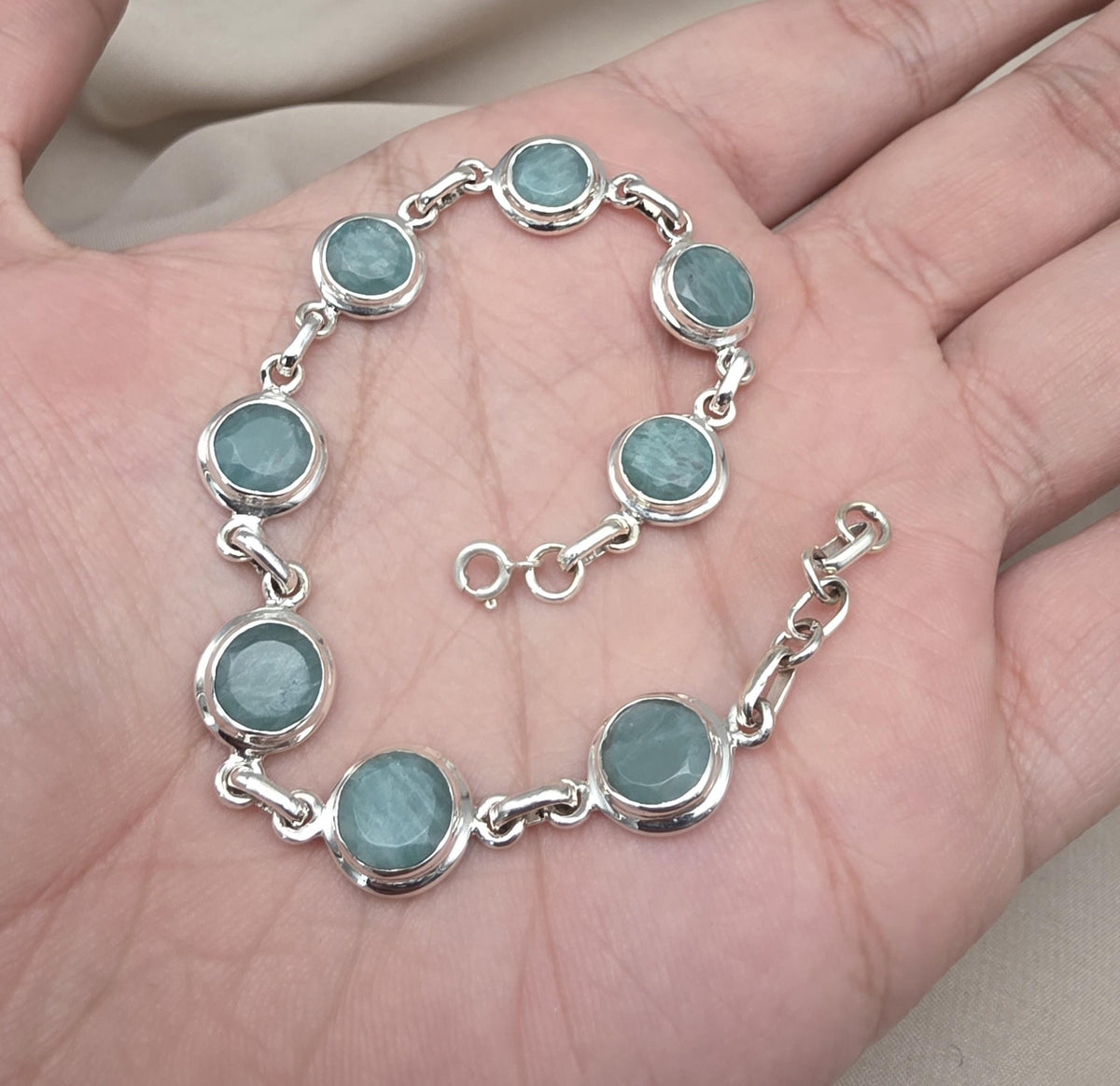 925 Sterling Silver Amazonite Bracelet Aqua Blue Gemstone Boho Vintage Bracelet for Women