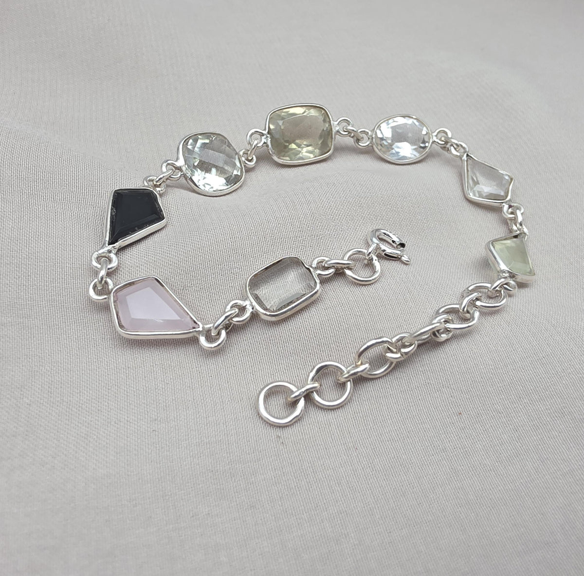 925 Sterling Silver Multi Gemstone Bracelet, Colorful Boho Link Jewelry Gift Her