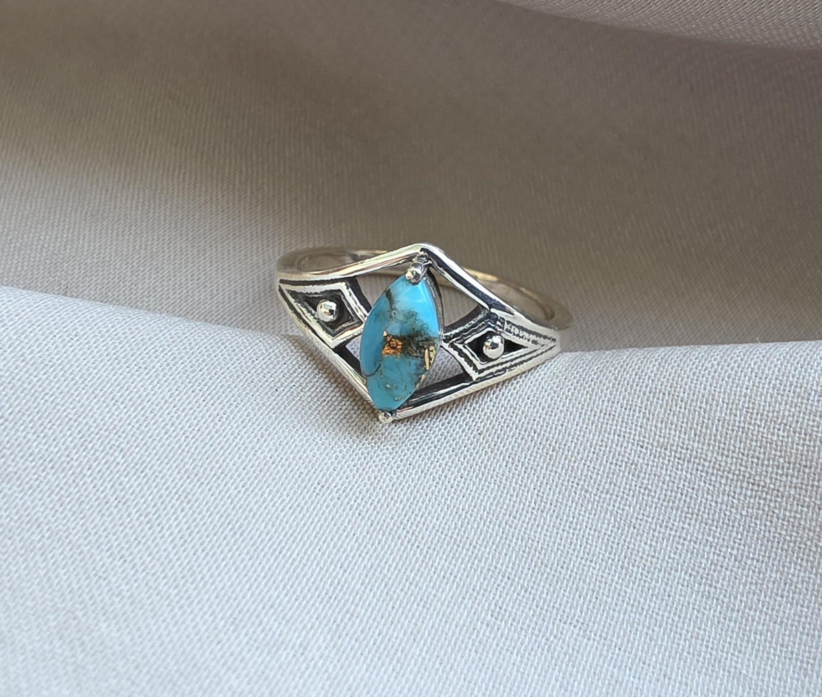 Blue Copper Turquoise Marquise Ring 925 Sterling Silver Statement Ring December Birthstone Gift