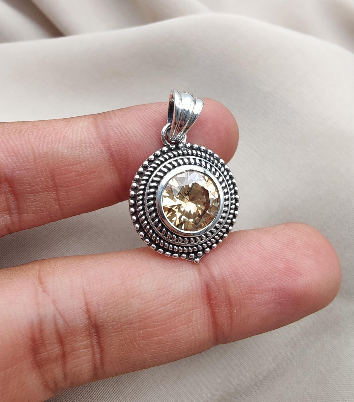 Citrine Silver Pendant: Vintage 925 Sterling, Beaded Boho Jewelry