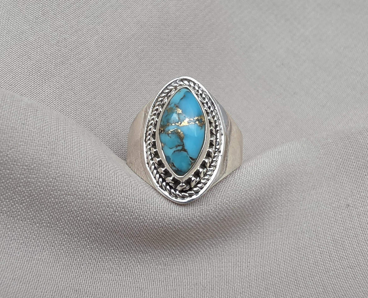 Blue Copper Turquoise Marquise Ring 925 Sterling Silver Statement Ring December Birthstone Gift