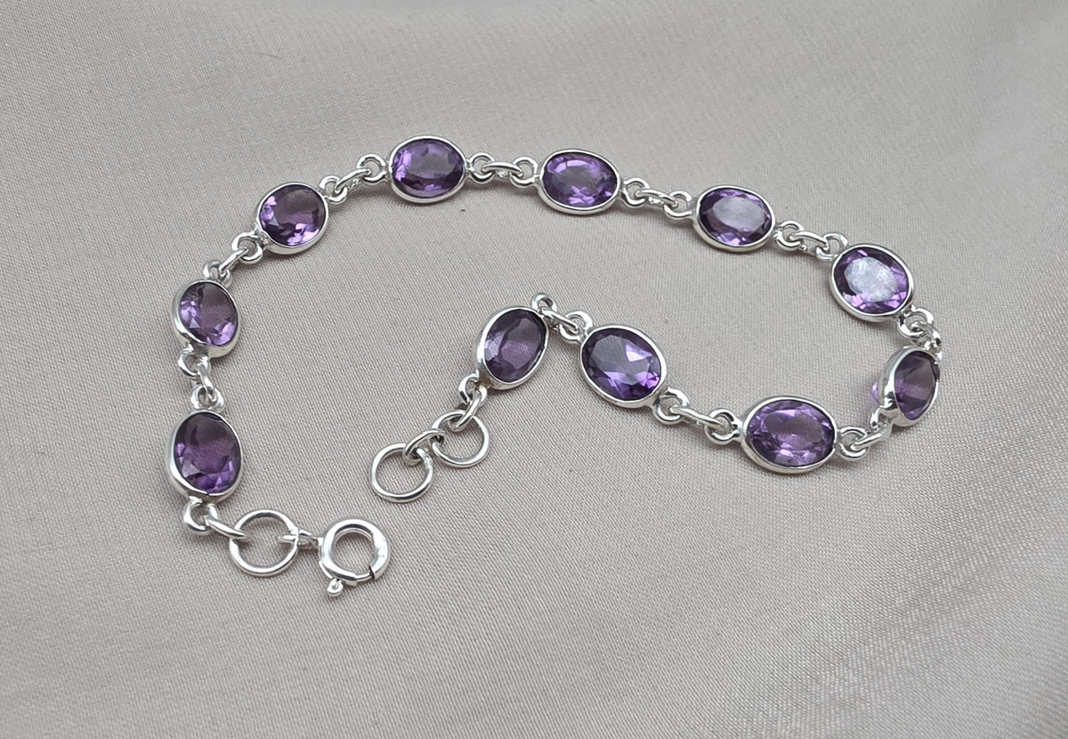 925 Sterling Silver Amethyst Bracelet Natural Purple Gemstone Oval Link Jewelry