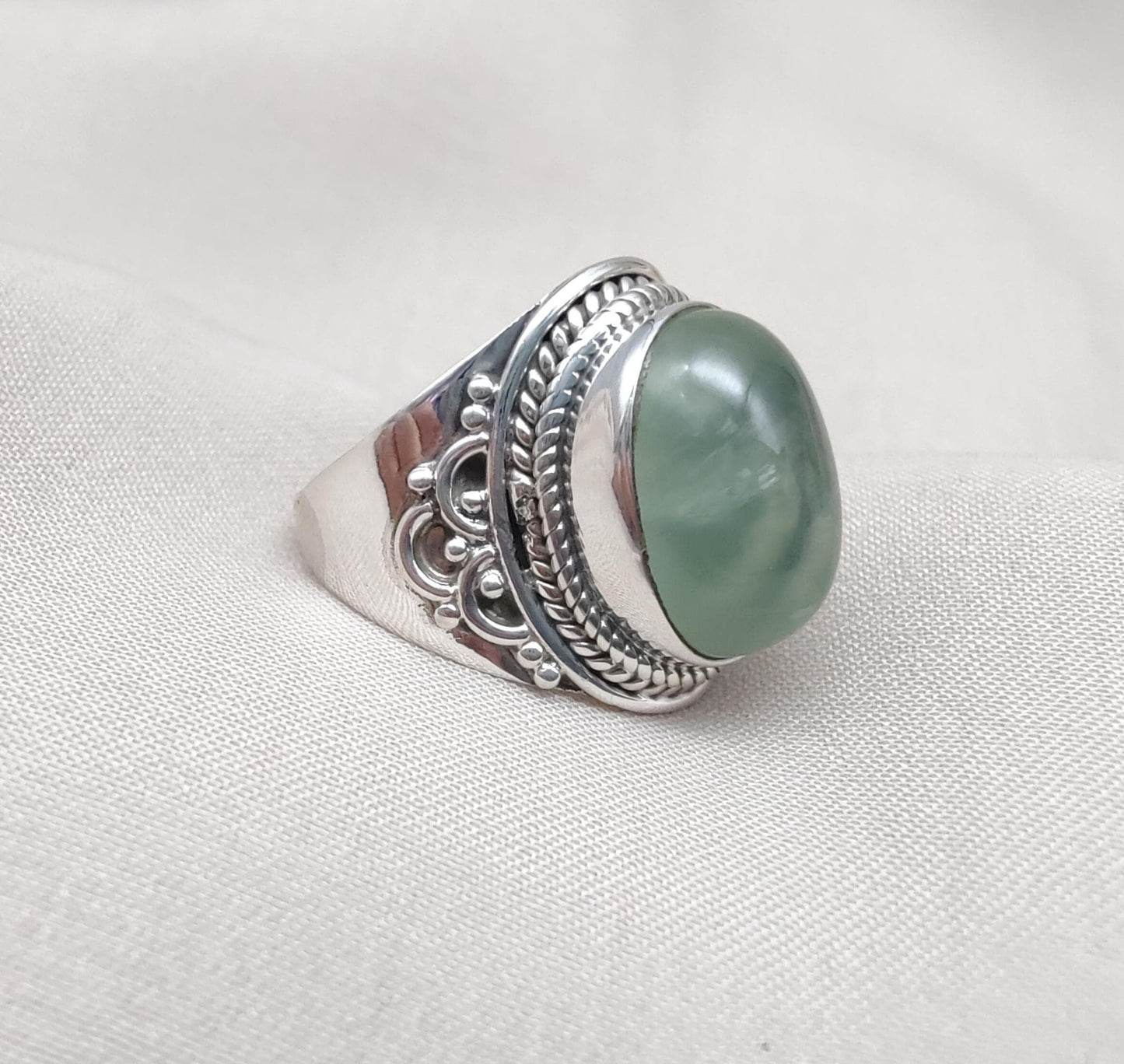 Prehnite 925 Sterling Silver Ring: Handmade Boho Healing Crystal