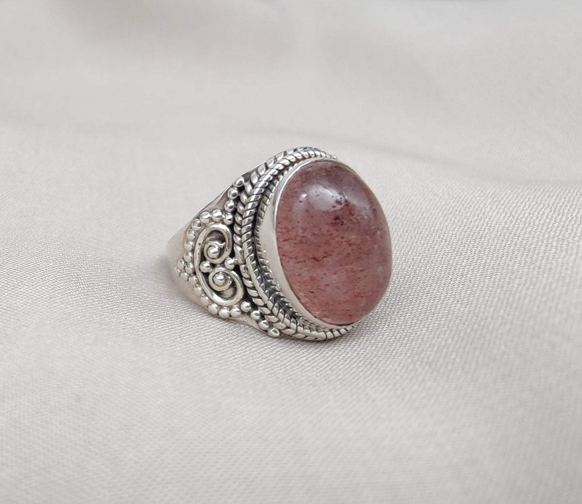 Strawberry Quartz 925 Sterling Silver Ring: Handmade Boho Gemstone Jewelry