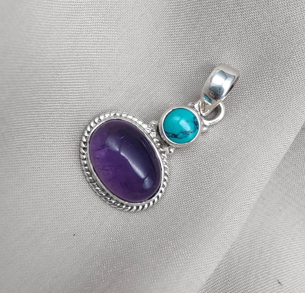 Amethyst Turquoise Pendant: Handmade 925 Sterling Silver Boho Necklace