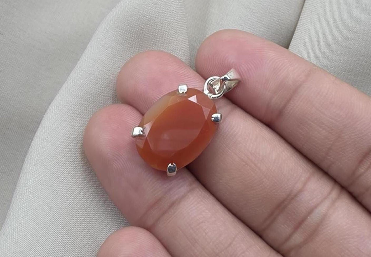 925 Sterling Silver Carnelian Pendant, Faceted Orange Gemstone Necklace Charm