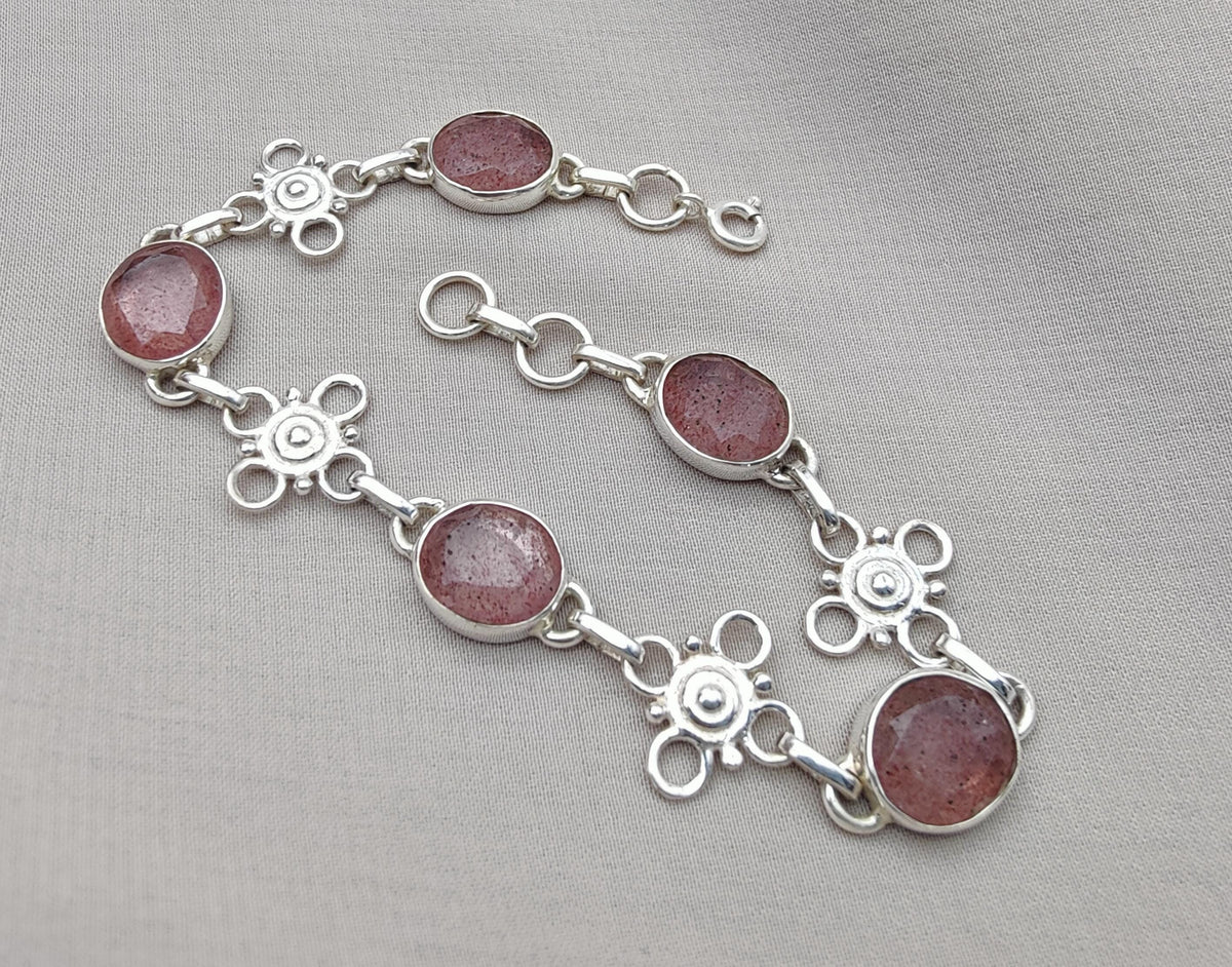 Pink Strawberry Quartz 925 Sterling Silver Bracelet | Handmade Adjustable Gemstone Jewelry Gift for Women