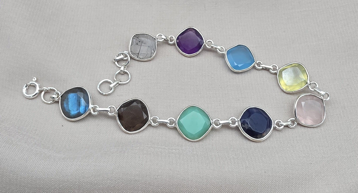 925 Sterling Silver Multi Stone Bracelet Natural Gemstone Cushion Link Jewelry