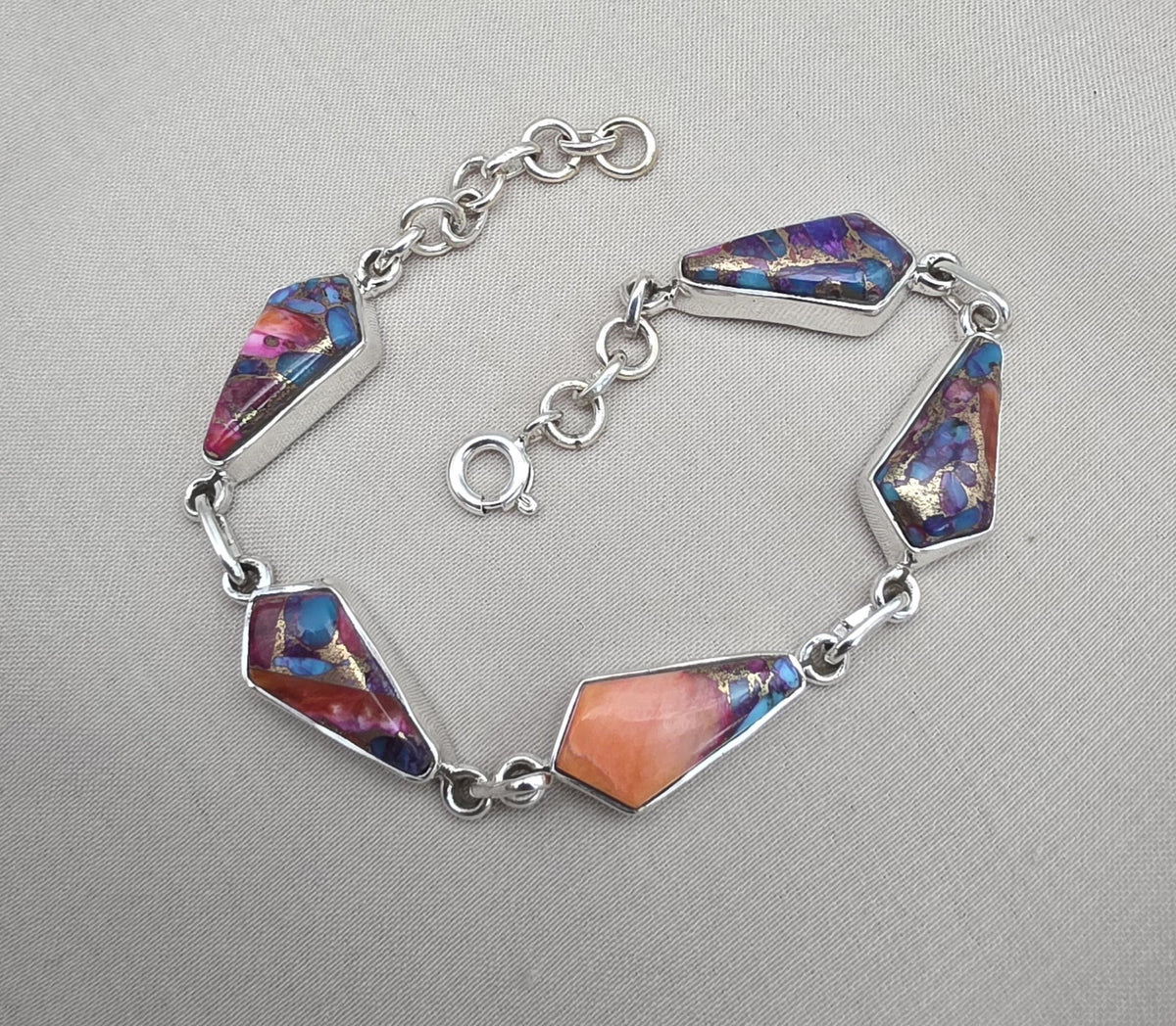 Spiny Oyster Turquoise 925 Sterling Silver Multi Stone Link Bracelet Handmade Boho Statement Jewelry