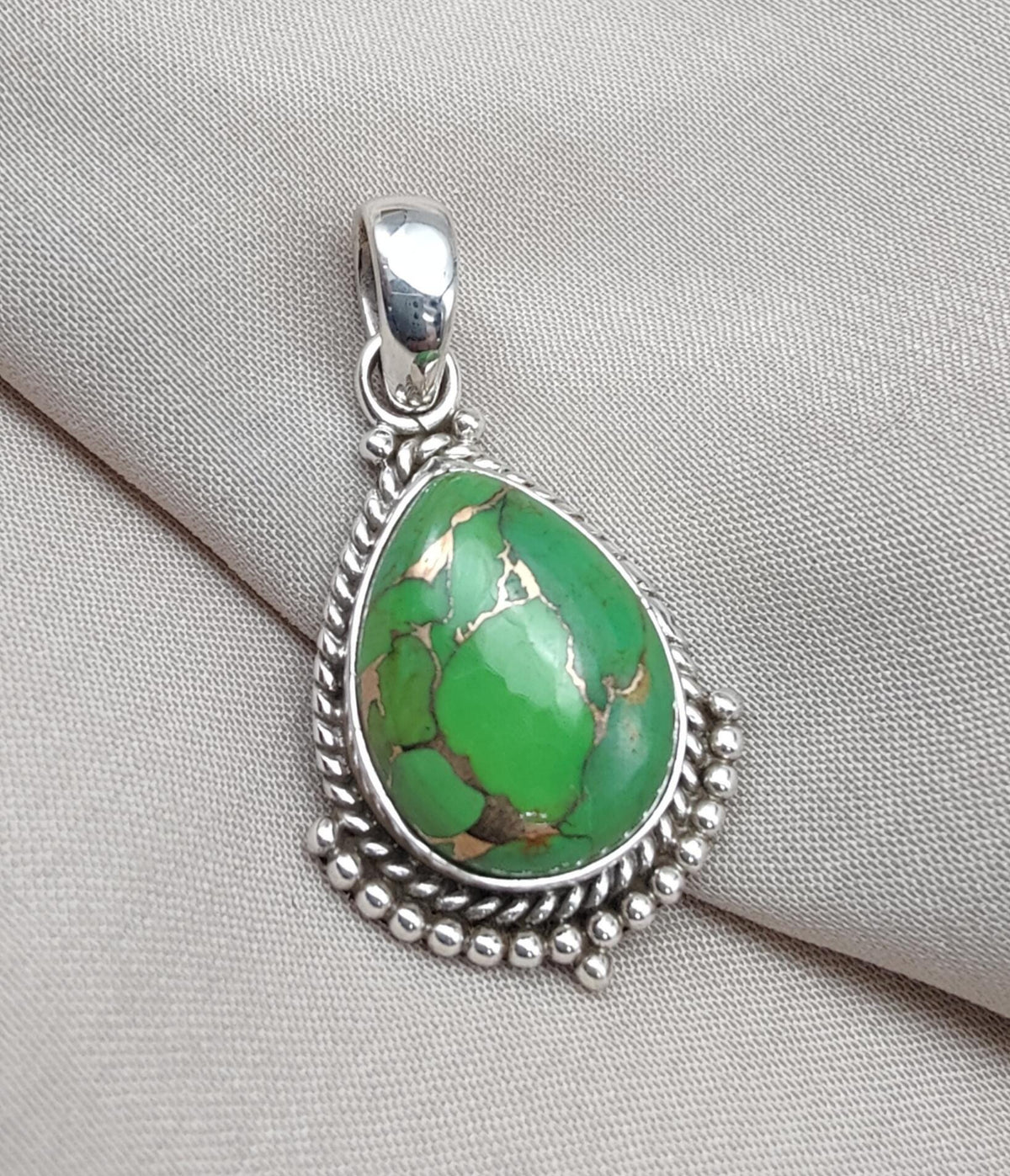 Green Copper Turquoise Pendant: Sterling Silver Boho Necklace