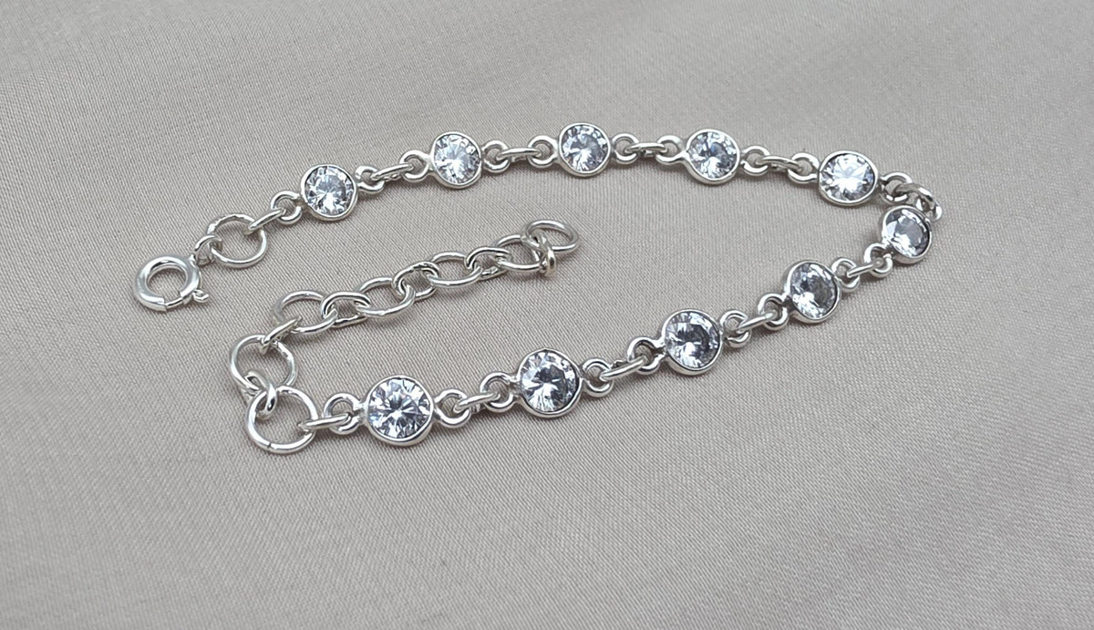 925 Sterling Silver Zircon Bracelet Minimal Sparkle Round Link Jewelry