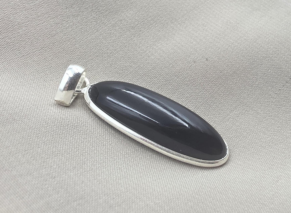 925 Sterling Silver Black Onyx Pendant, Long Oval Cabochon Gemstone Necklace