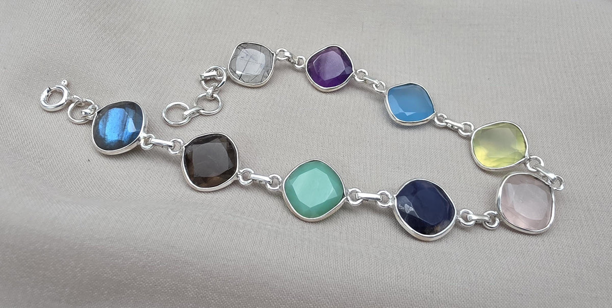 925 Sterling Silver Multi Stone Bracelet Natural Gemstone Cushion Link Jewelry