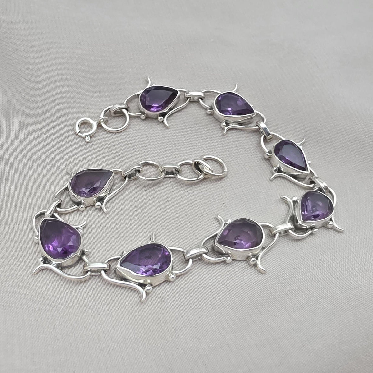 925 Sterling Silver Amethyst Bracelet Pear Shape Purple Gemstone Link Bracelet Gift for Her
