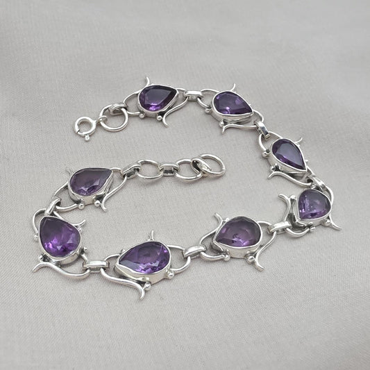 925 Sterling Silver Amethyst Bracelet Pear Shape Purple Gemstone Link Bracelet Gift for Her