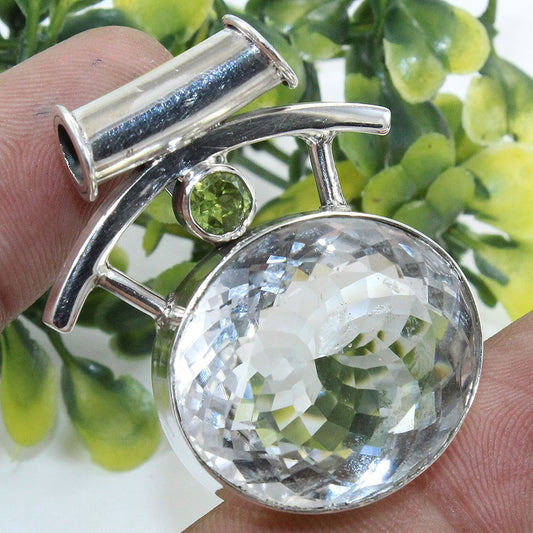 925 SOLID STERLING SILVER NATURAL CRYSTAL QUARTZ PERIDOT PENDANT