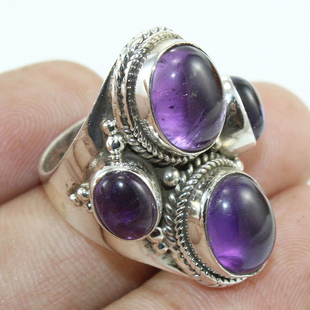 925 SOLID STERLING SILVER NATURAL PURPLE AMETHYST GEMSTONES HANDMADE RING, ALL SIZES AVAILABLE