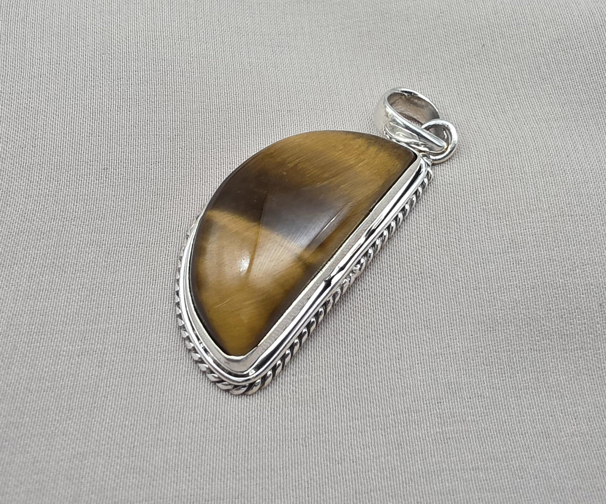 Half Moon Tiger Eye Pendant: 925 Sterling Silver Protection Gemstone Necklace Courage Jewelry