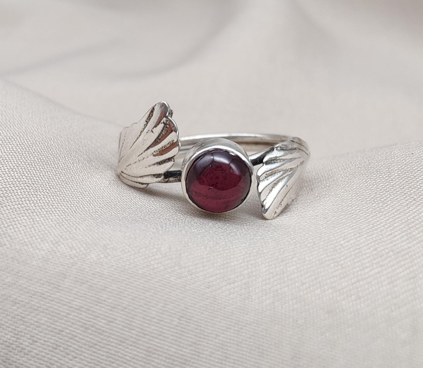 Red Garnet 925 Sterling Silver Ring – Adjustable Leaf Design, Natural Gemstone January Birthstone Jewelry