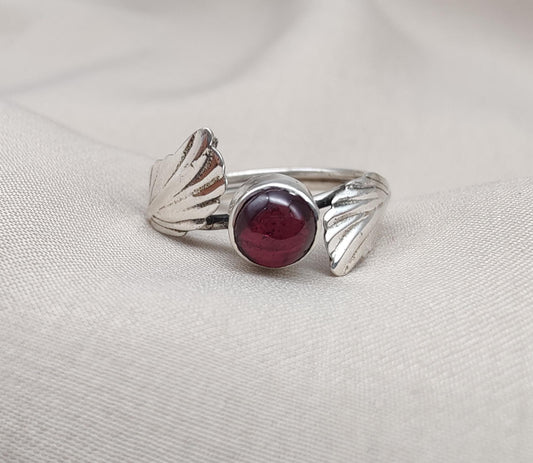 Red Garnet 925 Sterling Silver Ring – Adjustable Leaf Design, Natural Gemstone January Birthstone Jewelry