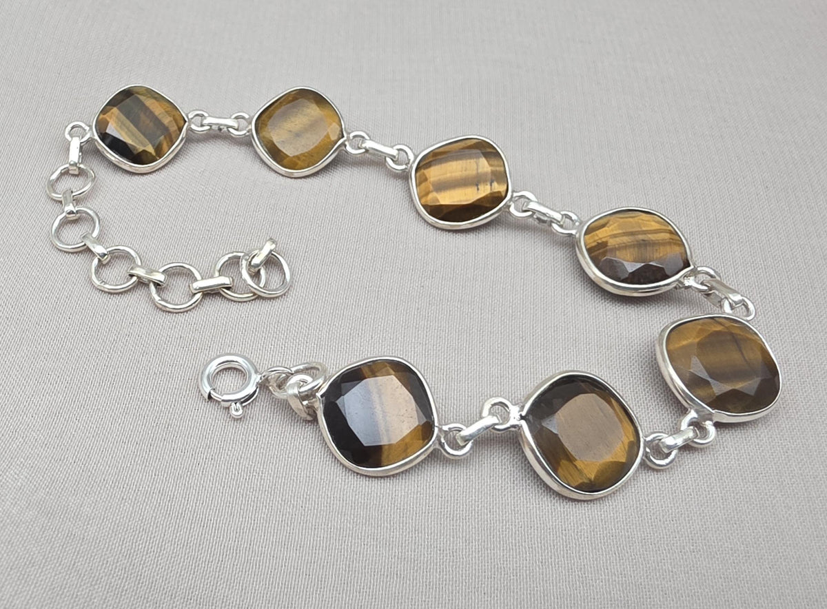 925 Sterling Silver Tiger Eye Bracelet Faceted Cushion Cut Gemstone Bracelet Gift for Her