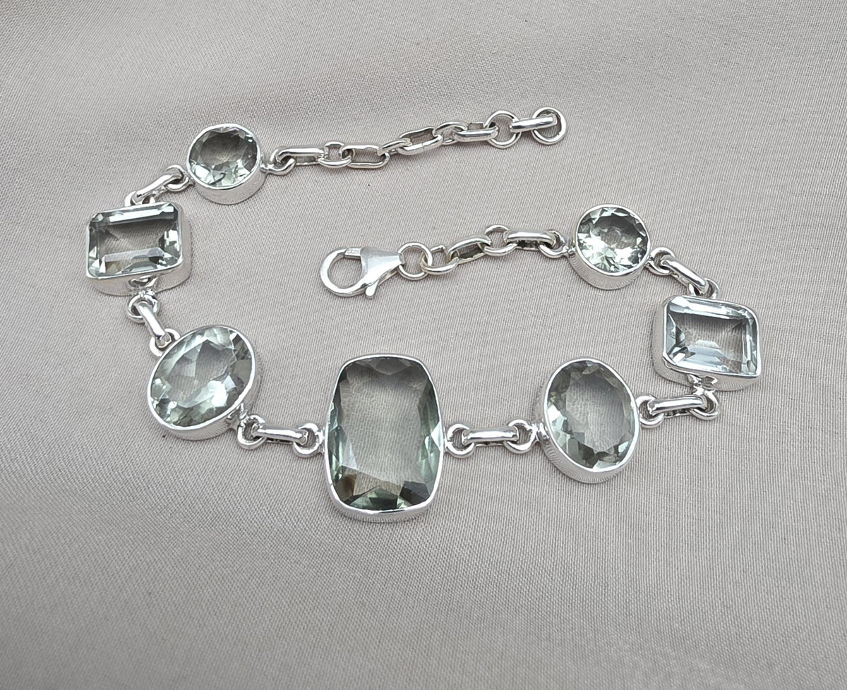 925 Sterling Silver Green Amethyst Bracelet Multi Shape Gemstone Elegant Statement Bracelet for Women