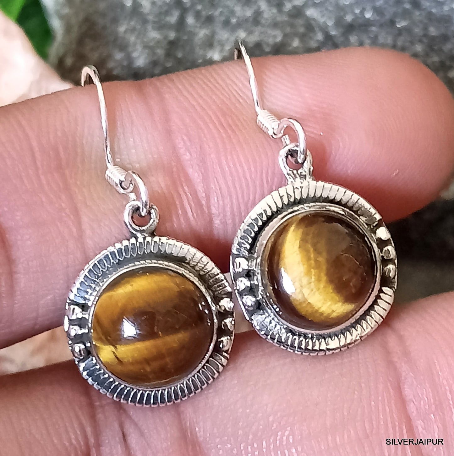 925 SOLID STERLING SILVER NATURAL TIGER EYE GEMSTONE HOOK EARRING