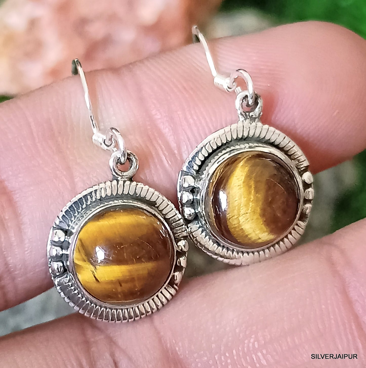 925 SOLID STERLING SILVER NATURAL TIGER EYE GEMSTONE HOOK EARRING
