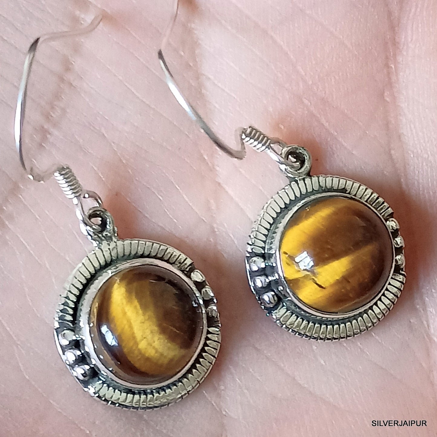 925 SOLID STERLING SILVER NATURAL TIGER EYE GEMSTONE HOOK EARRING
