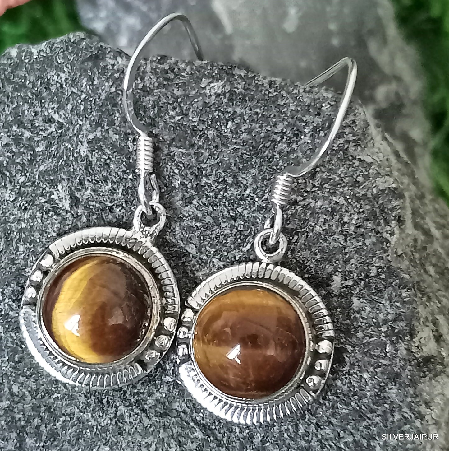 925 SOLID STERLING SILVER NATURAL TIGER EYE GEMSTONE HOOK EARRING