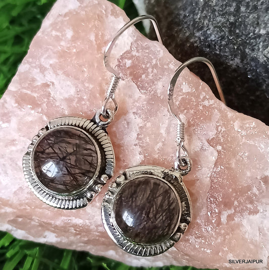 925 SOLID STERLING SILVER NATURAL BLACK RUTILE GEMSTONE HOOK EARRING