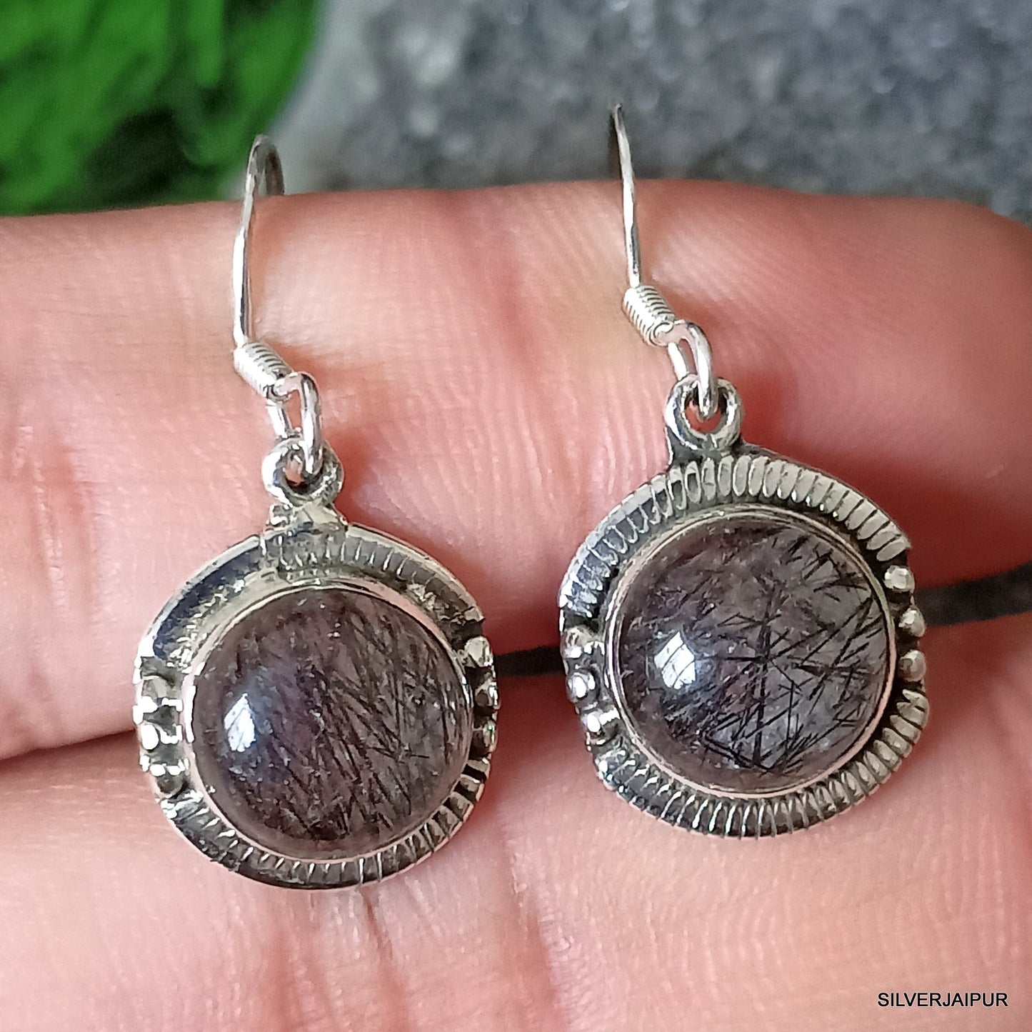 925 SOLID STERLING SILVER NATURAL BLACK RUTILE GEMSTONE HOOK EARRING