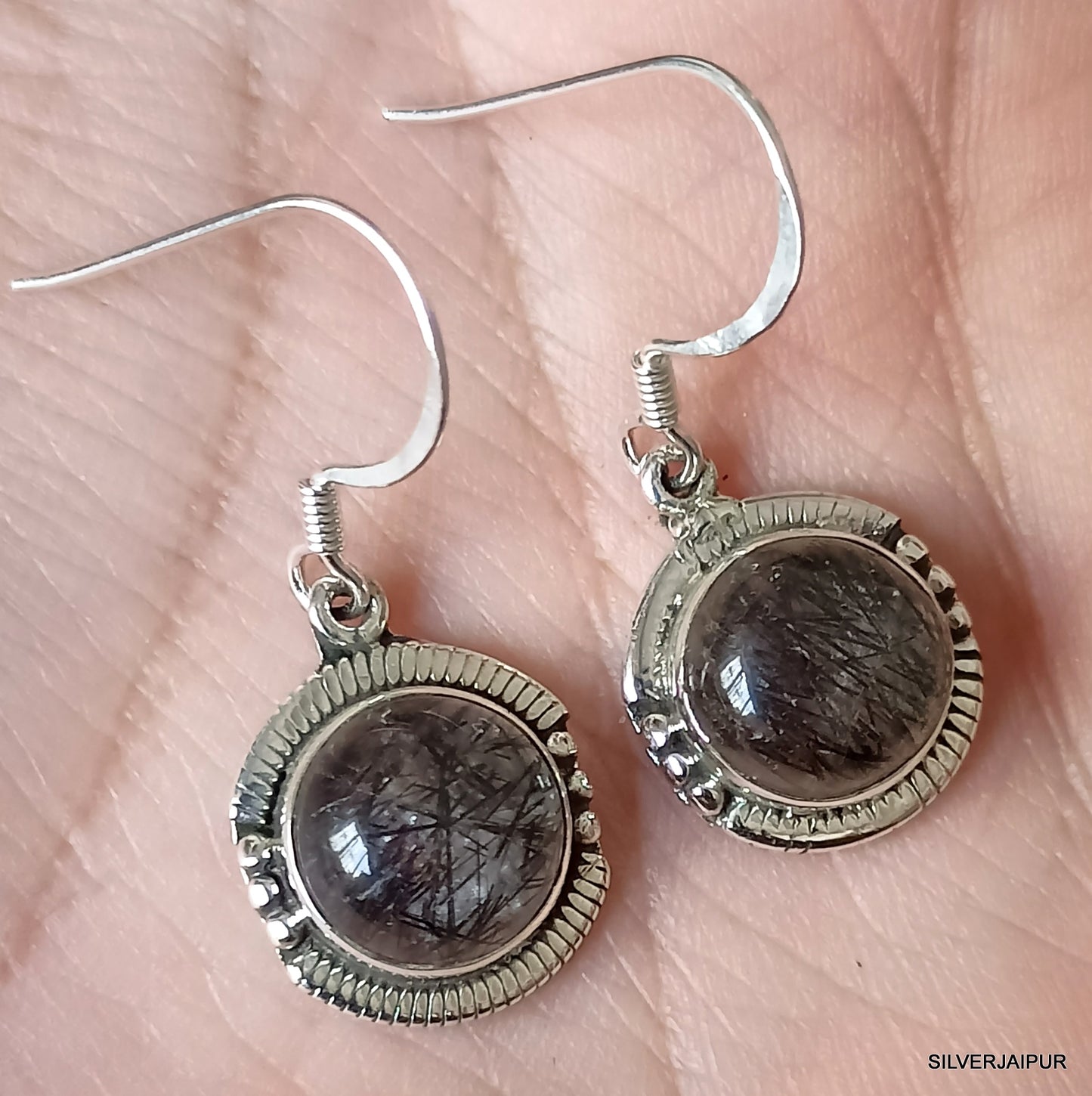 925 SOLID STERLING SILVER NATURAL BLACK RUTILE GEMSTONE HOOK EARRING