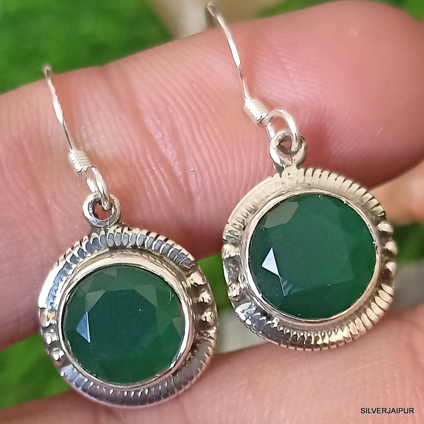 925 SOLID STERLING SILVER NATURAL GREEN ONYX GEMSTONE HOOK EARRING