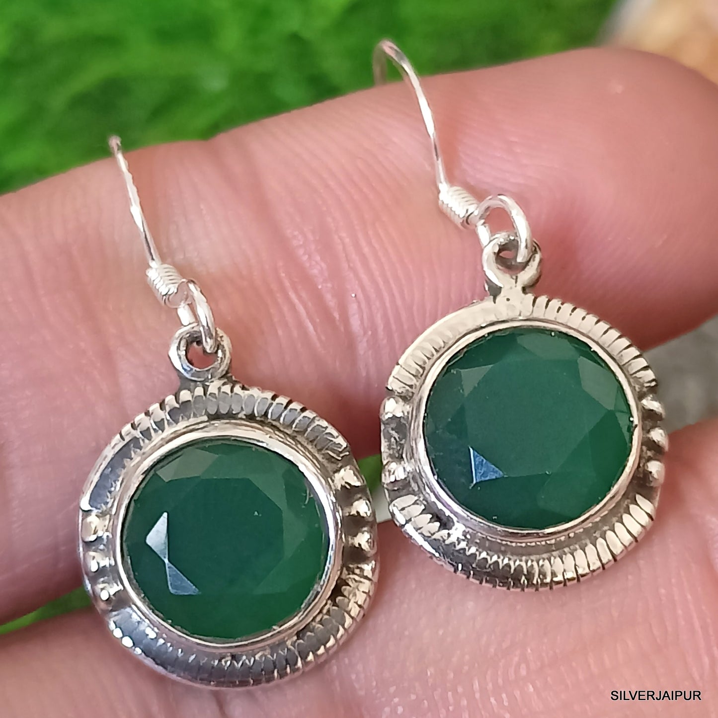 925 SOLID STERLING SILVER NATURAL GREEN ONYX GEMSTONE HOOK EARRING