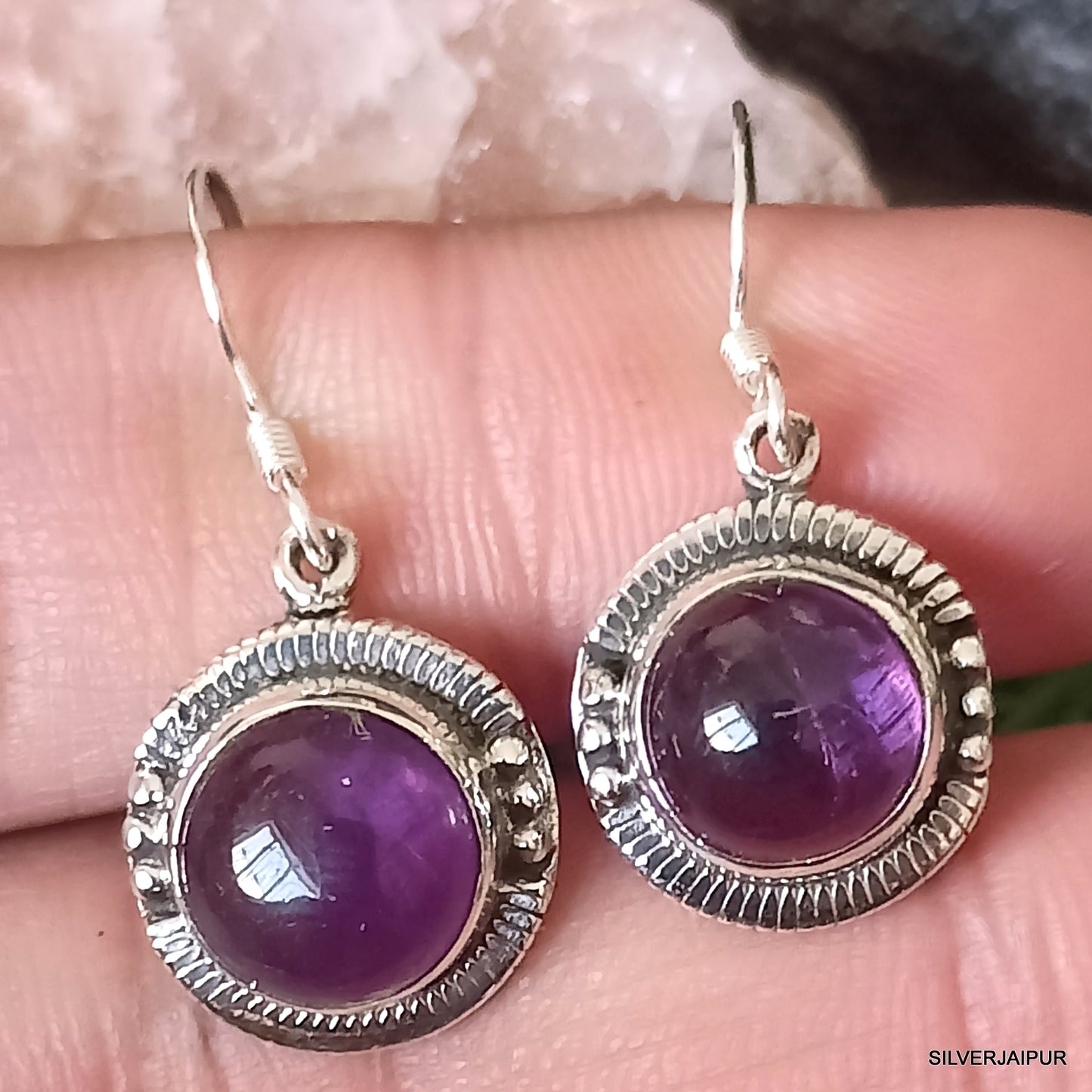 925 SOLID STERLING SILVER NATURAL PURPLE AMETHYST GEMSTONE HOOK EARRING