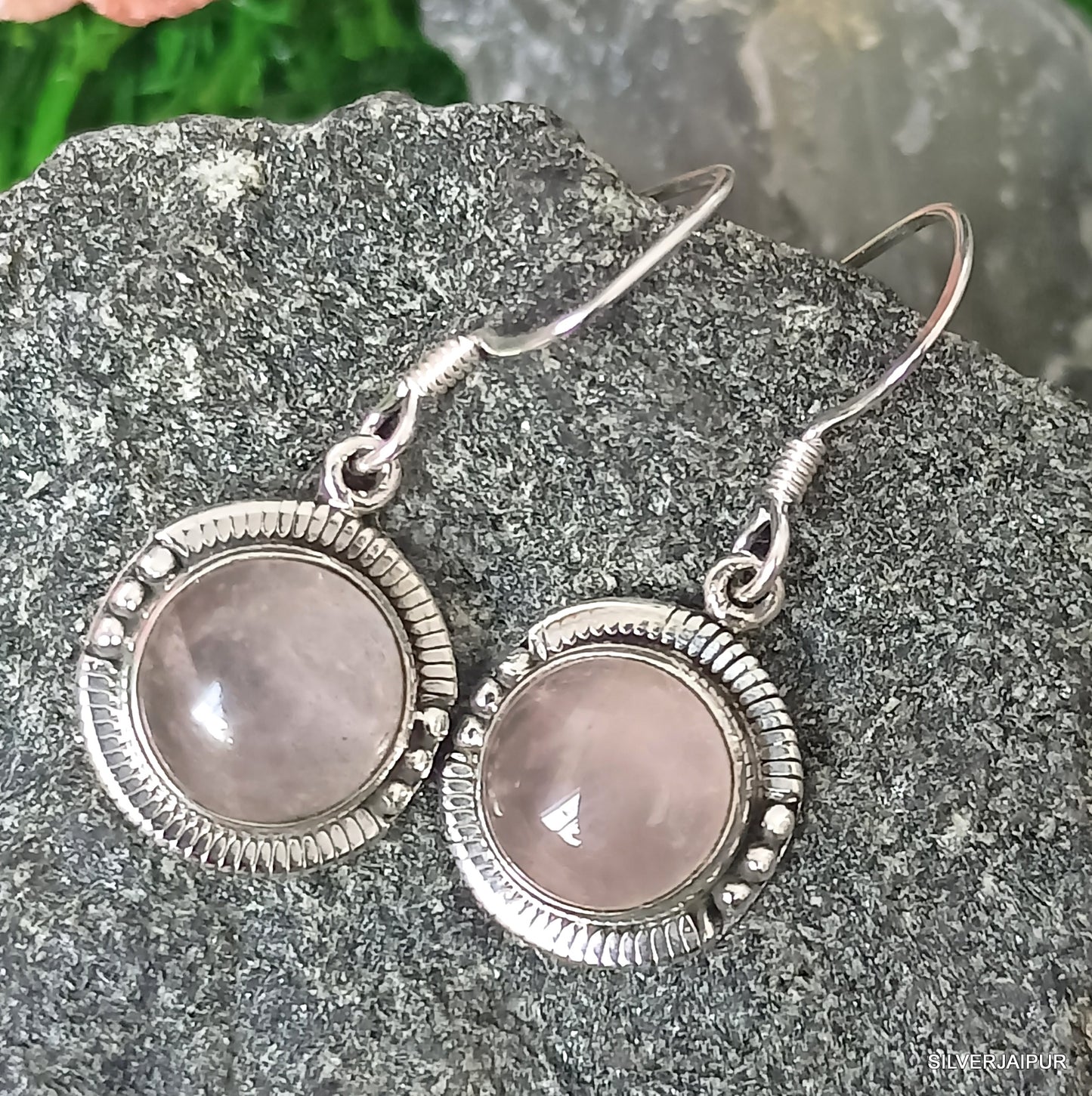 925 SOLID STERLING SILVER NATURAL ROSE QUARTZ GEMSTONE HOOK EARRING