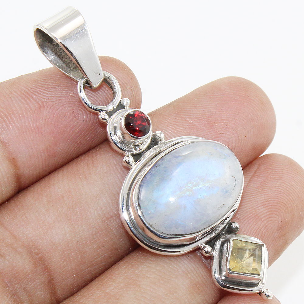 925 SOLID STERLING SILVER NATURAL RAINBOW MOONSTONE, GARNET, CITRINE PENDANT