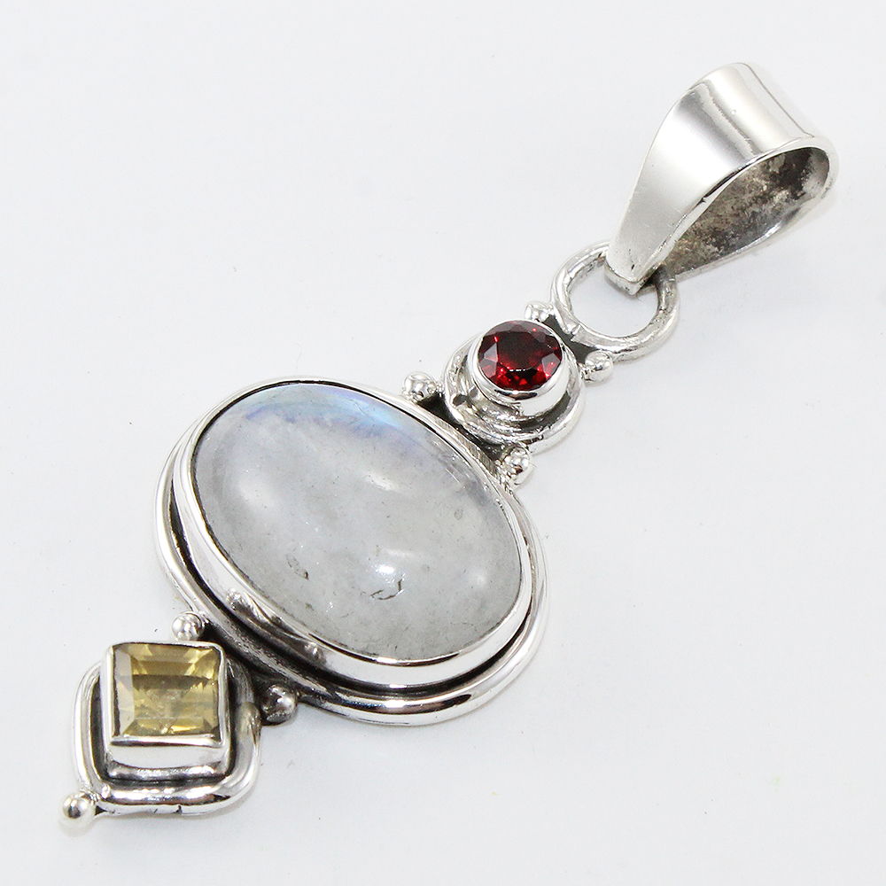 925 SOLID STERLING SILVER NATURAL RAINBOW MOONSTONE, GARNET, CITRINE PENDANT