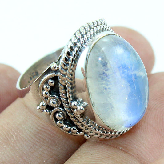 925 SOLID STERLING SILVER NATURAL RAINBOW MOONSTONE GEMSTONES HANDMADE RING, ALL SIZES AVAILABLE