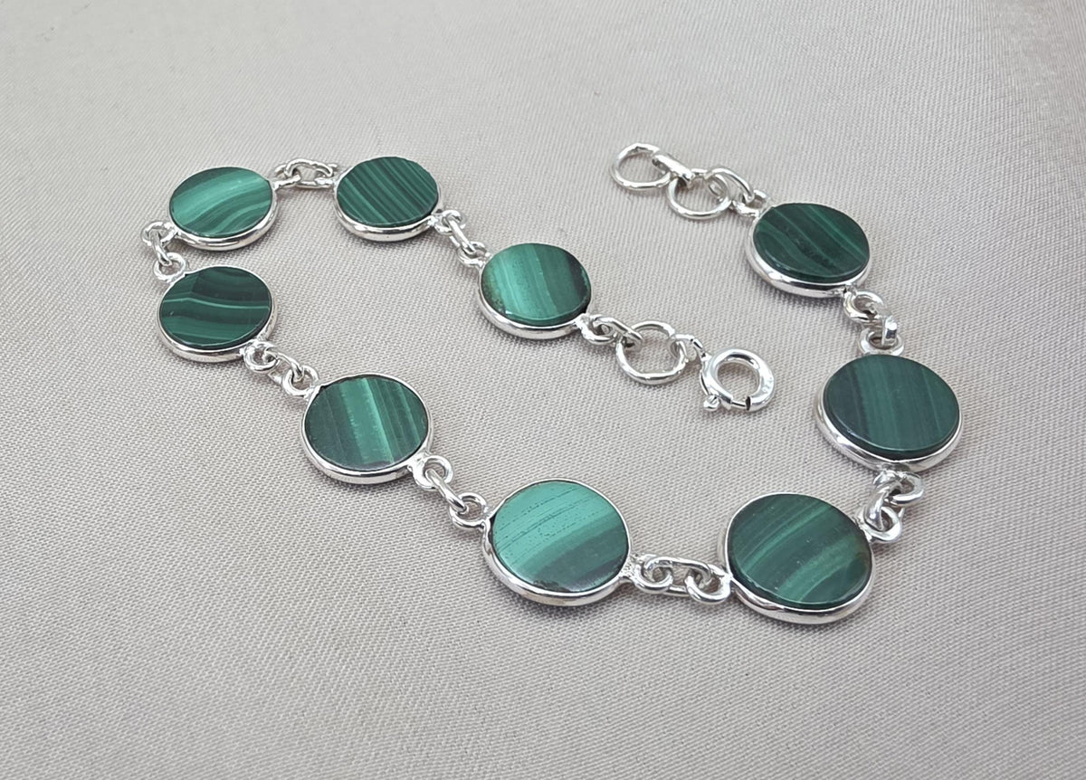 Malachite Bracelet 925 Sterling Silver Round Cabochon Green Gemstone Link Bracelet Handmade Jewelry