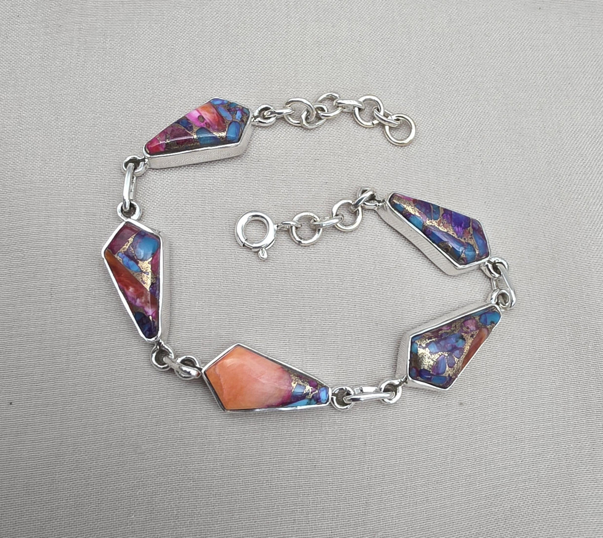 Spiny Oyster Turquoise 925 Sterling Silver Multi Stone Link Bracelet Handmade Boho Statement Jewelry