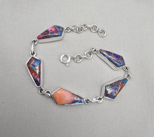 Spiny Oyster Turquoise 925 Sterling Silver Multi Stone Link Bracelet Handmade Boho Statement Jewelry