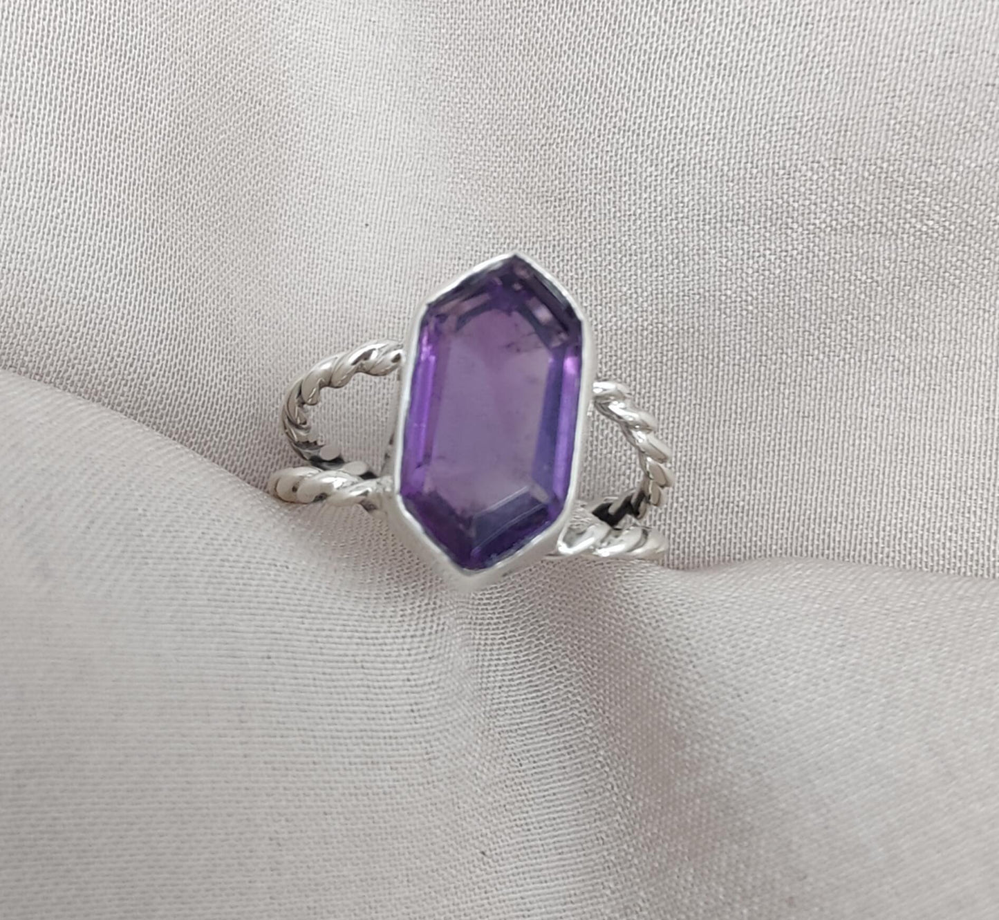 Amethyst Hexagon 925 Sterling Silver Ring: Twisted Band, Spiritual Jewelry