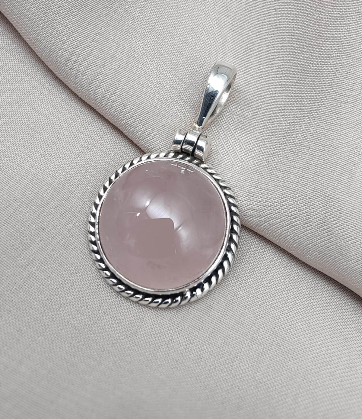 Handmade Rose Quartz Pendant: 925 Sterling Silver Round Necklace