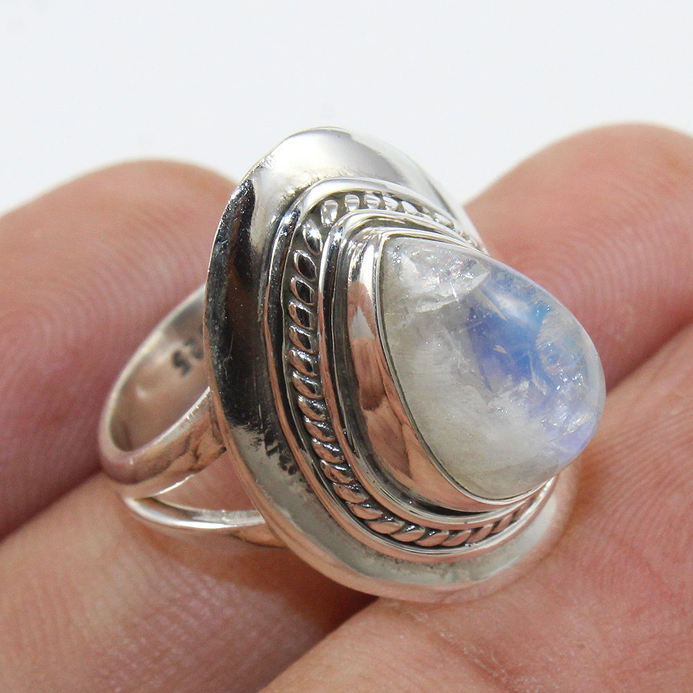 925 SOLID STERLING SILVER NATURAL RAINBOW MOONSTONE GEMSTONES HANDMADE RING, ALL SIZES AVAILABLE